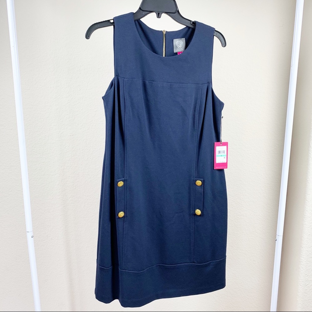 Navy Blue dress w/ Gold accent.